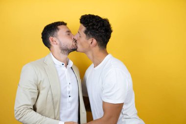 İzole edilmiş sarı arka planda sıradan kıyafetler giyen iki genç gay öpüşürken gülümseyerek duruyorlar.