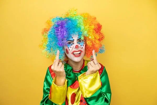 Clown Standing Yellow Insolated Yellow Background Showing Middle Finger Doing — 스톡 사진