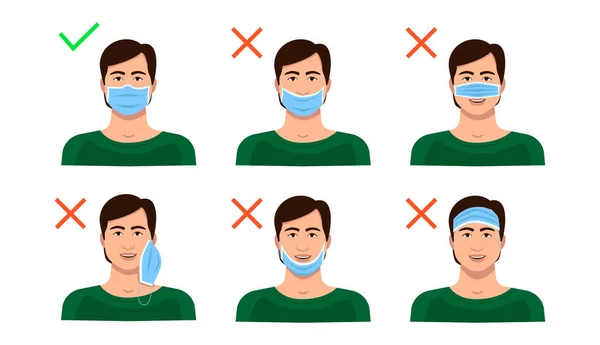 Cómo Usar Una Máscara Médica Correcta Incorrecta Instrucciones Con Carácter — Foto de Stock