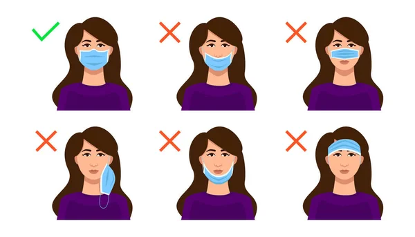 Jak Správně Nosit Lékařskou Masku Příklady Použití Ženskou Tvář Špatně — Stock fotografie