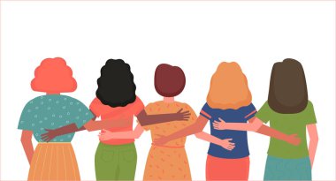 Back view of girls of different nationalities, young women standing together, hugging each other. A group of students, a symbol of Sisterhood and feminism. Flat cartoon vector illustration. clipart