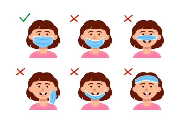 Çocukların yüzüne nasıl düzgün bir maske takılacağını. Koronavirüs enfeksiyonundan korunma. Vektör düz çizgi film talimatları.
