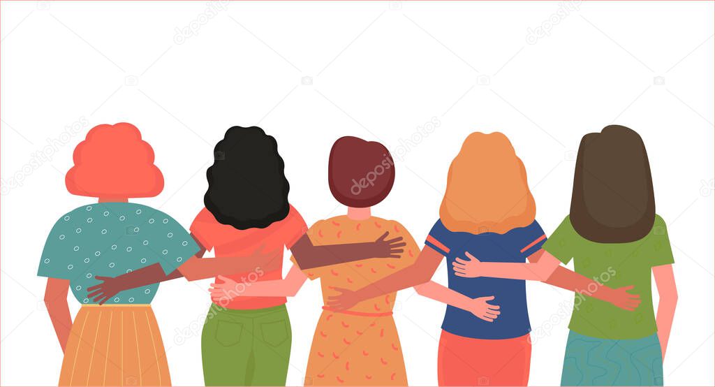Back view of girls of different nationalities, young women standing together, hugging each other. A group of students, a symbol of Sisterhood and feminism. Flat cartoon vector illustration.