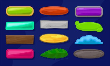 Çeşitli şekil, doku ve renklerden oluşan uzun yatay çizgi film seti. Oyun tasarımı için Gui varlık koleksiyonu. Uygulama için vektör ögeleri.