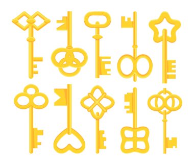 Altın sihirli anahtarlar koleksiyonu. Çizgi film düz çizimi