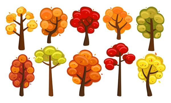 Various Cartoon Autumn Trees Collection Isolated Objects White Background — Stock Vector