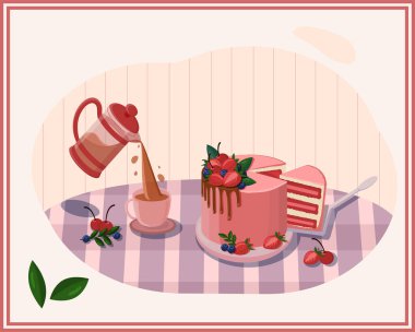 Detaylı böğürtlenli kırmızı kadife kek, çay / kahve