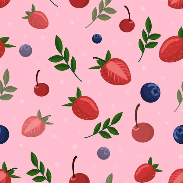 Nahtloses Muster Mit Beeren Erdbeere Blaubeere Kirsche — Stockvektor