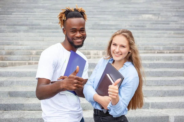 Conceito Amizade Inter Racial Retrato Dois Estudantes Multiétnicos Sorridentes Posando — Fotografia de Stock