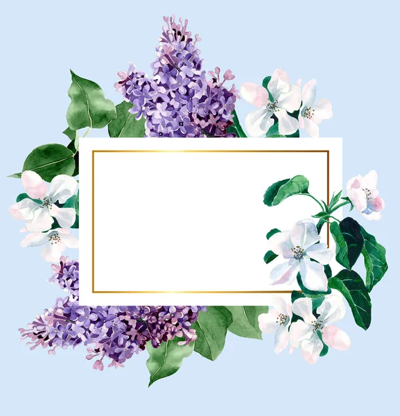 Vintage square floral frame with blossoming apple tree, lilac flowers and green leaves. Hand drawn watercolor illustration. Place for text. For your design, greeting cards, wedding invitations.wedding