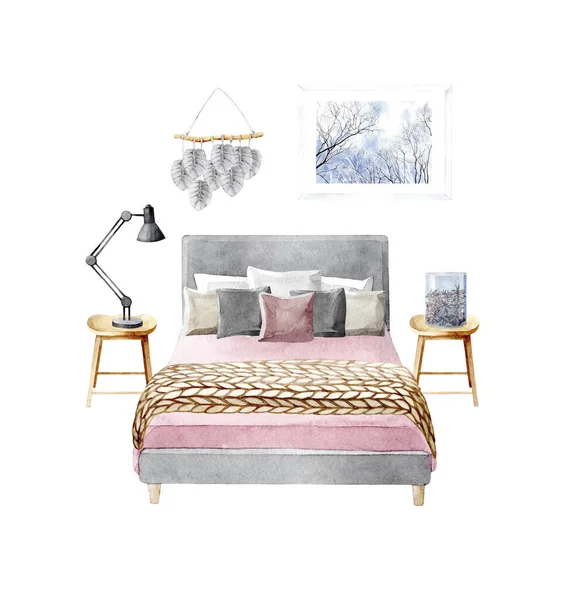 Watercolor hand drawn interior illustration of cozy home bedroom with double bed, wooden bedside tables and decor elements. Isolated objects on white background.