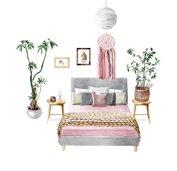 Watercolor hand drawn interior illustration of cozy home bedroom with double bed, wooden bedside tables, house green plants and boho interior elements. Isolated objects on white background.