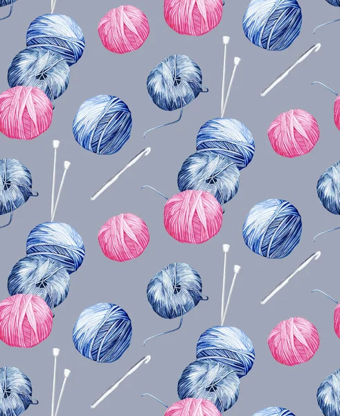 Watercolor seamless pattern with a crochet hook, needles and skeins of pink, blue, grey threads for knitting. On grey background. Knitting and Crochet. For wrapping, fabric, wallpaper.