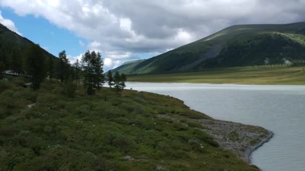 Valleien Van Altai Bergen Rivieren Bossen Velden Meren Zonsondergang Achtergrond — Stockvideo