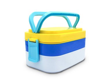 Klipsli beyaz arkaplanda sapı olan sarı ve beyaz yemek kutusu..