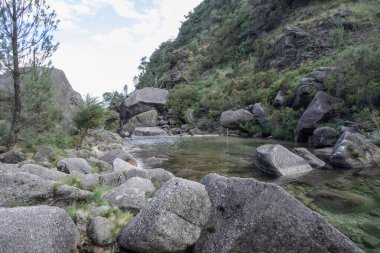 Arado nehrindeki kayalar ve bitki örtüsüyle çevrili yeşil göl, Peneda Geres Ulusal Parkı