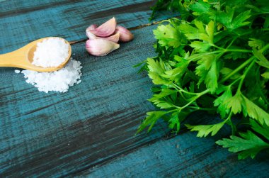 Malzemeler para salsa, dientes de ajo, sal de mar, cilantro, salsa picante, comida mexicana