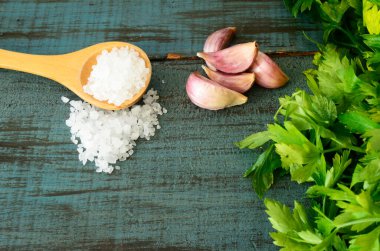 Malzemeler para salsa, dientes de ajo, sal de mar, cilantro, salsa picante, comida mexicana