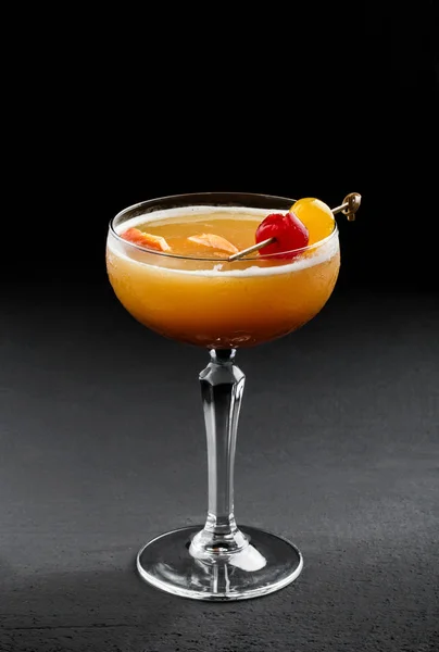 Fresh Fruit Tropic Cocktail Peach Orange Tall Glass Dark Background — Stock Photo, Image