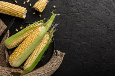 Taze mısır koçanı plaka üzerinde karanlık taş tablo üzerinde. Gıda kavramı. Alan üst görünüm Kopyala