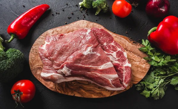 Raw Meat Beef Steak Cutting Board Black Background Ingredients Cooking — Stock Photo, Image