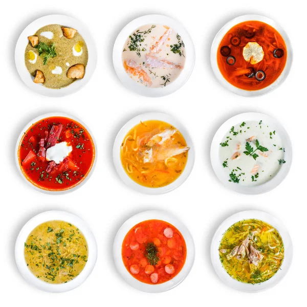 Big set of soups from worldwide cuisines, healthy food. Cream soup with mushrooms, asian fish soup, soup with meat - solyanka, russian borscht, chicken soup, isolated on white. Top view, flat lay — Stock Image Big Set Soups Worldwide Cuisines Healthy Food Cream Soup Mushrooms Royalty Free Stock Images