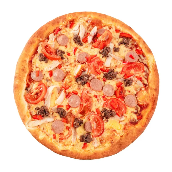Pizza Mit Pastrami Pilzen Hackfleisch Und Wurst Isoliert Auf Weißem — Stockfoto