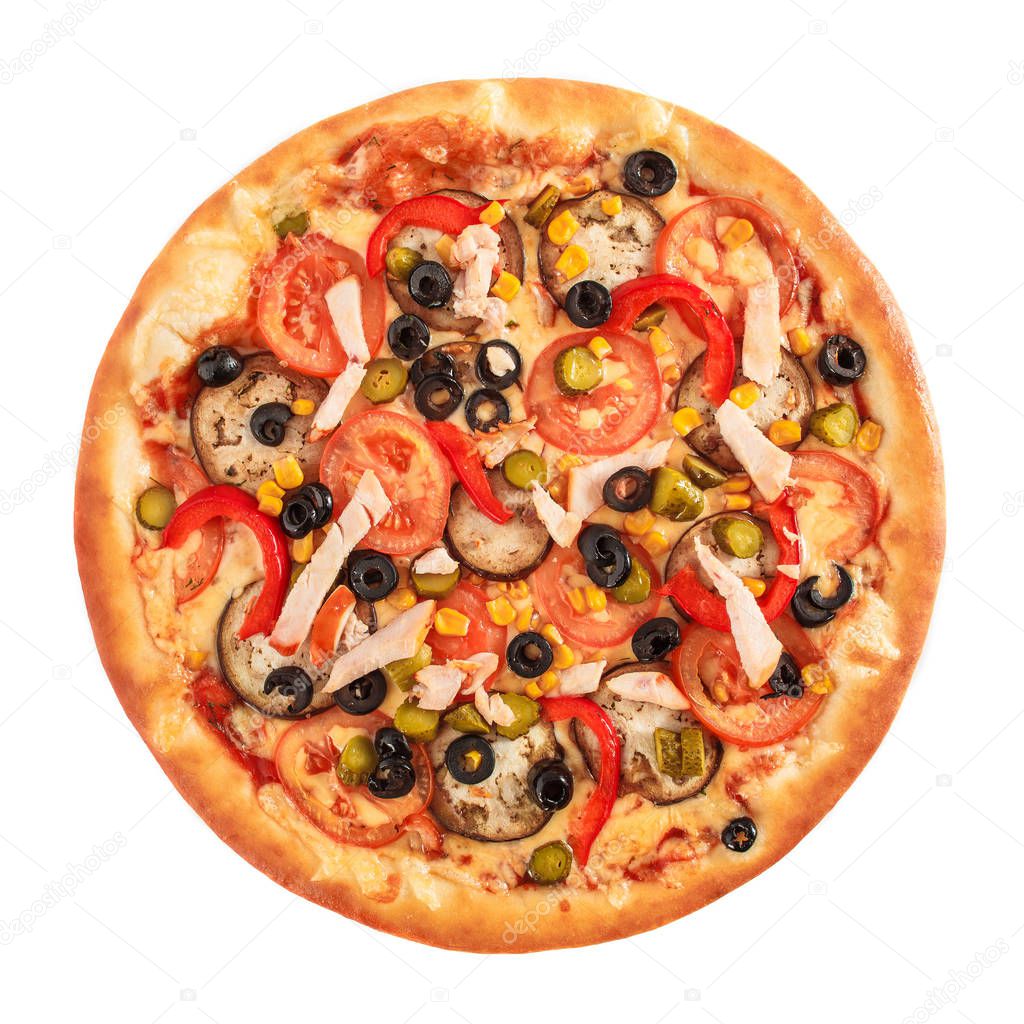 Pizza with eggplant, ham, red pepper, tomato,cucumber, olives and corn isolated on white bacckground. Top view.