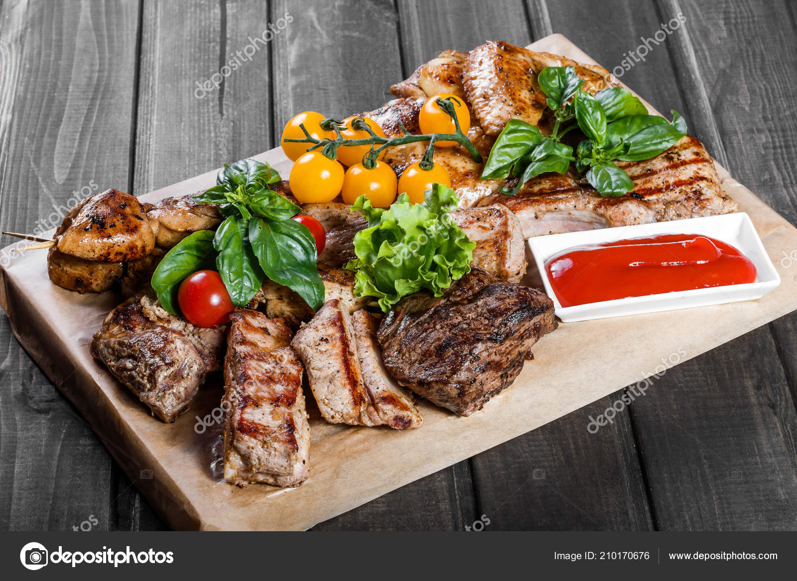 Assorted Delicious Grilled Meat Vegetables Fresh Salad Bbq Sauce