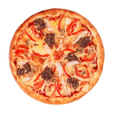 Pizza pastırma, mantar ve beyaz izole kıyma.