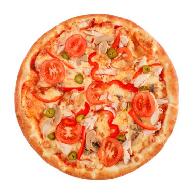 Pizza pastırma, mantar, biber ve salatalık üzerinde beyaz izole.