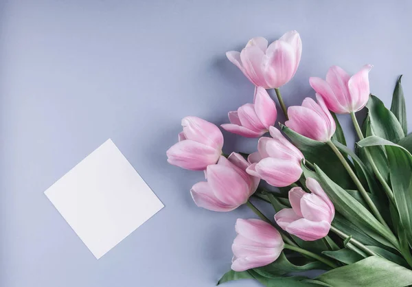 Rosa Tulpenblüten Und Ein Blatt Papier Auf Hellblauem Hintergrund Grußkarte — Stockfoto