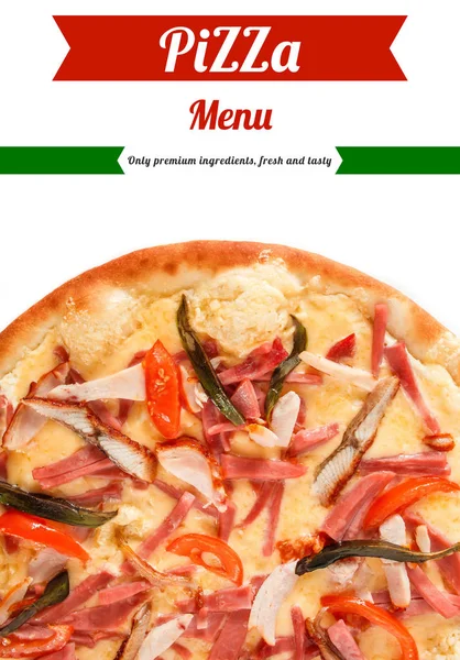 Pizza Med Fisk Skinka Pastrami Och Avokado Isolerad Vit — Stockfoto