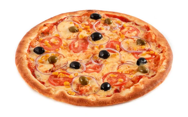 Pizza Vegetarisch Mit Tomaten Mais Zwiebeln Grünen Und Schwarzen Oliven — Stockfoto