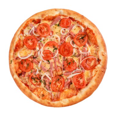 Pizza jambon, domates, soğan ve üzerinde beyaz izole Yeşiller.