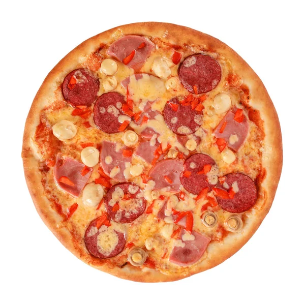 Pizza Mit Salami Pastrami Schinken Pilzen Und Pfeffer Isoliert Auf — Stockfoto