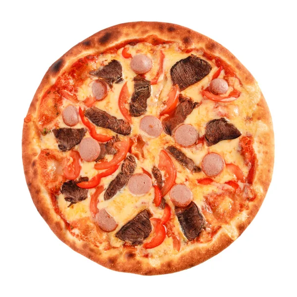 Pizza Med Nötkött Korv Korvar Paprika Tomat Och Ost Isolerade — Stockfoto