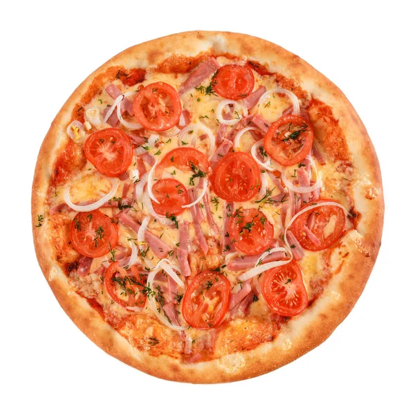 Pizza Mit Schinken Tomaten Zwiebeln Und Gemüse Isoliert Auf Weiß — Stockfoto