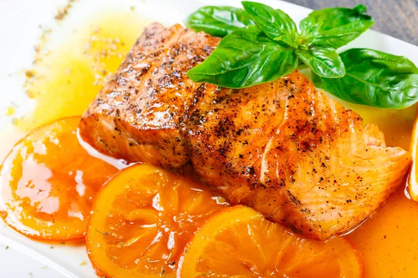 Honey Glazed Fillet Salmon Orange Slices Spices Basil White Plate — Stock Photo, Image