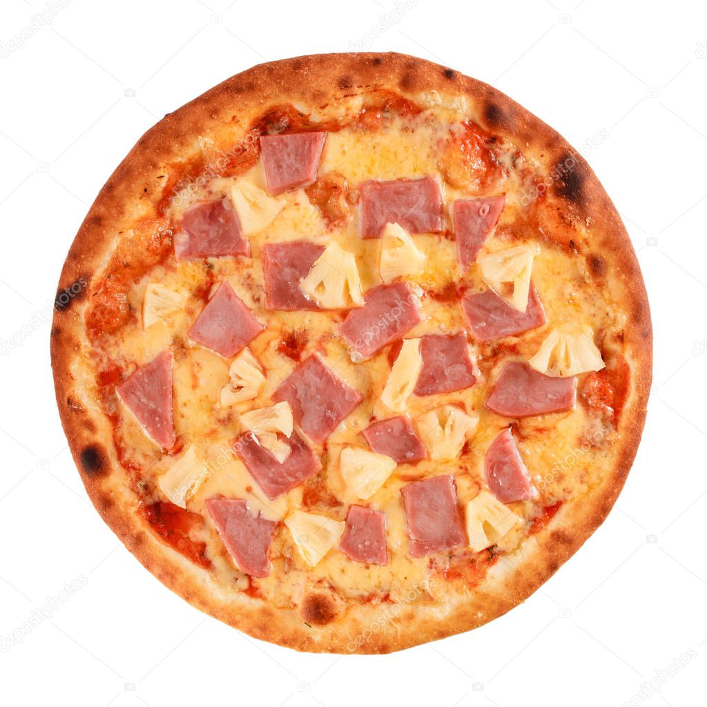 Pizza with ham, cheese and pineapple isolated on white.
