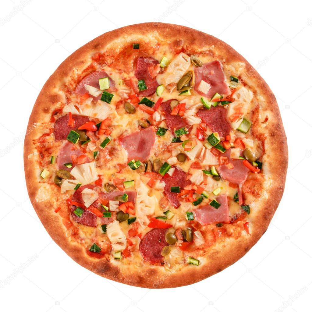 Pizza with salami, sausage, ham, green olives, red pepper, cucumber, pineapple and greens isolated on white.