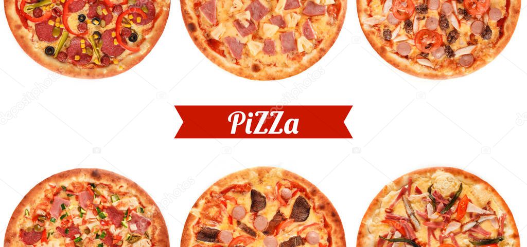 Big set of the best Italian pizzas isolated on white background.