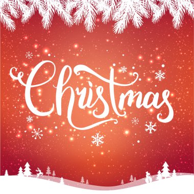 Noel ve yeni yıl kış yatay, kar taneleri, ışık, kırmızı zemin üzerine yazım yıldız. Noel kartı. Vektör çizim