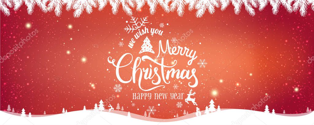 Christmas and New Year Typographical on red Xmas background with winter landscape with snowflakes, light, stars. Merry Christmas card. Vector Illustration