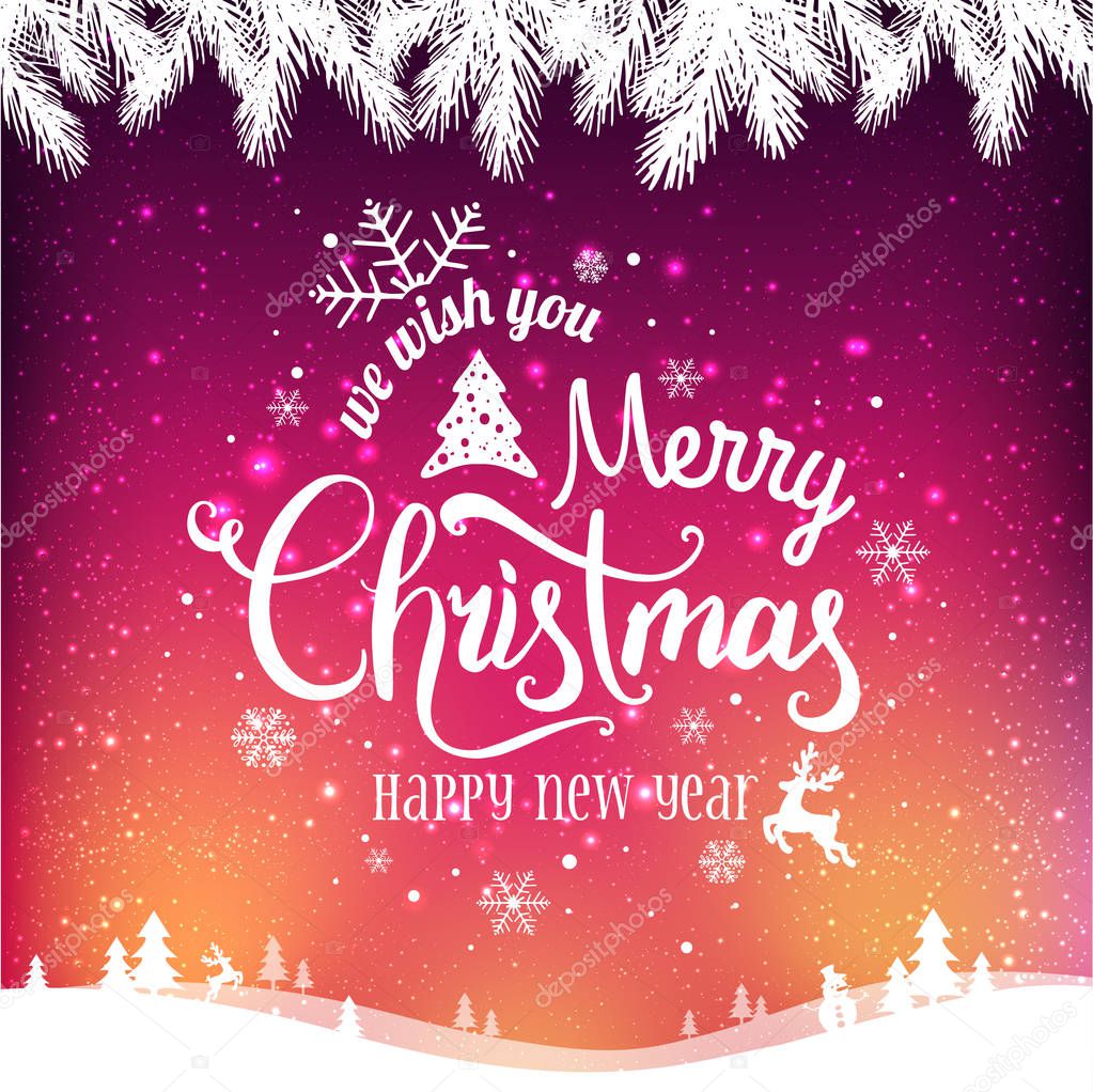 Christmas and New Year typographical on background with winter landscape with snowflakes, light, stars. Xmas card. Vector Illustration