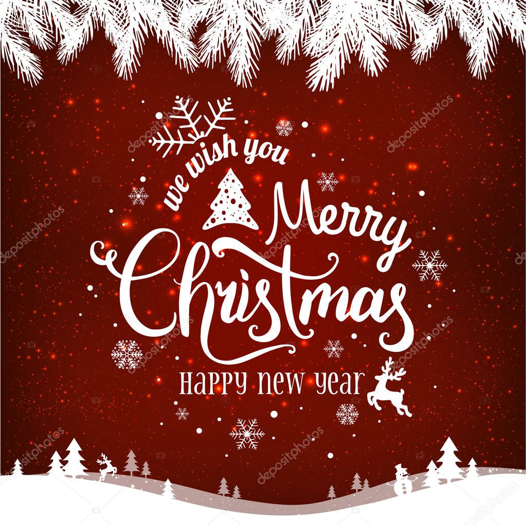 Christmas and New Year typographical on red background with winter landscape with snowflakes, light, stars. Xmas card.