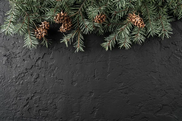 Tannenzweige Mit Tannenzapfen Auf Dunkelschwarzem Hintergrund Weihnachten Und Ein Frohes — Stockfoto