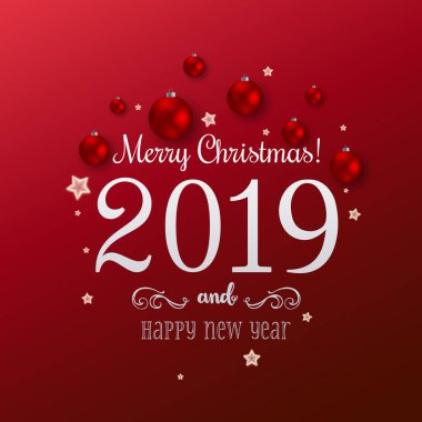 Noel 2019 ve yeni yıl altın yıldız kırmızı zemin üzerine yazım. Noel kartı. Vektör çizim.