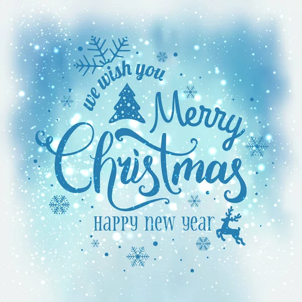 Weihnachten und Neujahr typografisch auf schneebedecktem Hintergrund mit Funkeln, Licht, Sternen. glitzernde Lichteffekte. Weihnachtskarte — Stockvektor