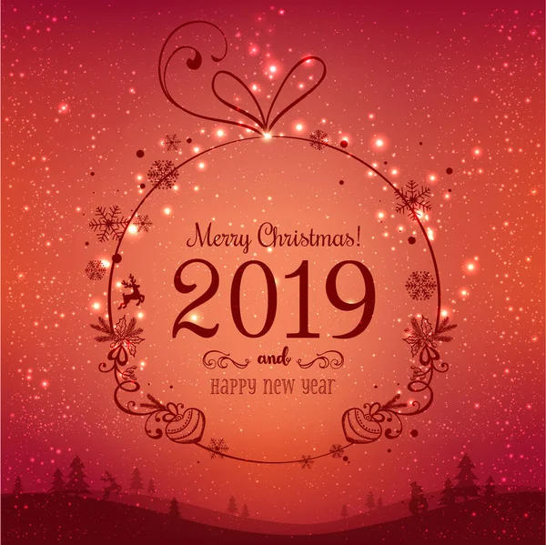 Шинный Рождественский Шар Веселого Рождества 2019 Нового Года Красном Фоне — стоковый вектор